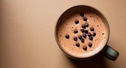 A top view of a mug filled with chocolate drink and chocolate chips on a plain background surface
