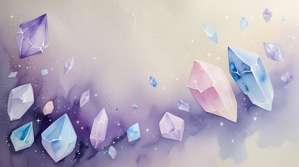 Colorful Gemstones and Crystals Abstract Watercolor Illustration with Geometric Pastel Shimmer Background