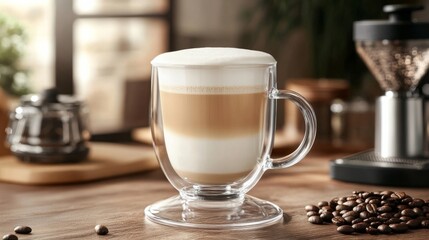 Cappuccino in glass cup with thick foam, coffee beans and grinder in background generative ai