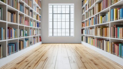 Fototapeta premium Minimalistic library with built-in shelves along white walls and natural wood floor