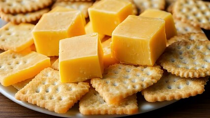 Close Up Of Yellow Cheese Cubes And Crackers Placed On White Plate Over Wooden Table - Powered by Adobe