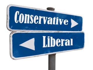 Blue and white road sign reading "Conservative" and "Liberal", with left and right arrows, isolated on white or transparent background