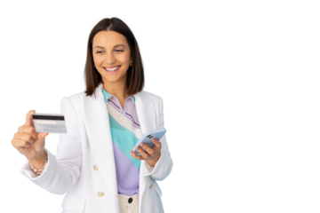 Professional manager banking online, gripping credit card and smartphone against neutral backdrop