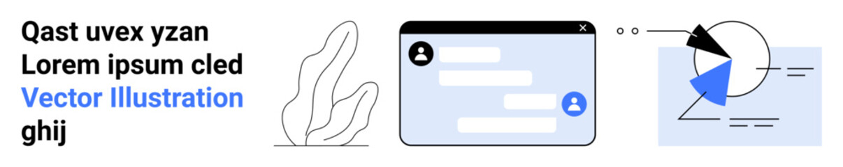 Fototapeta premium Messaging app interface with text bubbles, analytic pie chart with segments and lines, minimalistic leaf outline. Ideal for communication, analytics, technology, teamwork, creativity, education