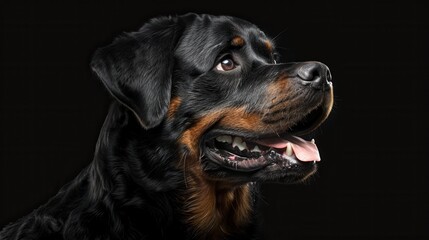 Fototapeta premium Studio lit rottweiler showing teeth, black backdrop, professional guard dog portrait with noise effect.