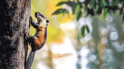 Squirrel climbing a tree in a vibrant forest, with blurred greenery in the background