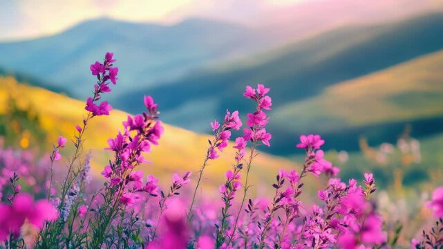A scenic landscape featuring a field of purple flowers with mountains in the background, suitable for nature, travel, or lifestyle images