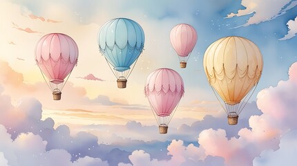 Fototapeta premium Whimsical Hot Air Balloons: A Dreamy Pastel Adventure in the Summer Sky