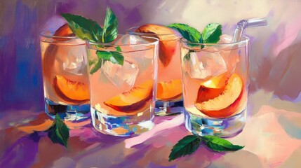 Chilled peach beverages with mint in clear glassware, elegant and vibrant purple tone generative ai