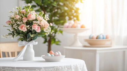 Elegant easter decoration with floral bouquet and colorful eggs in soft lighting