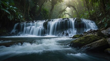 Obraz premium Tranquil Waterfall in Lush Jungle: A Serene Nature Landscape with Cascading Water and Dense Greenery