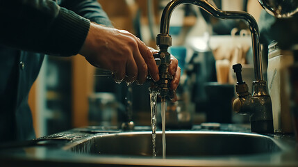 Person Turning On Water Faucet in Kitchen