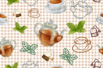 A seamless tea time pattern with teapots, teacups, tea leaves, and tea bags on a beige simple gingham background, elegant and cozy for any tea lover, fabric and paper print.