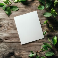Blank White Paper Mockup with Green Leaves on Rustic Wood