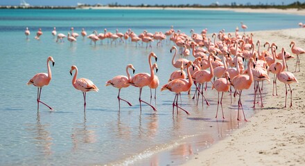 Flock of pink flamingos on the shore