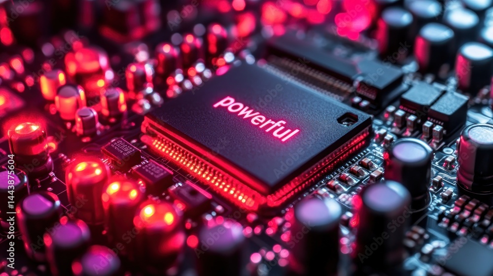 Poster powerful technology: close-up of a computer chip with illuminated components