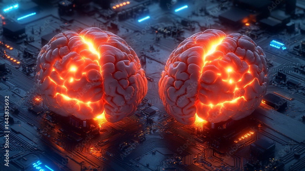 Aufkleber two illuminated brain models on circuit board