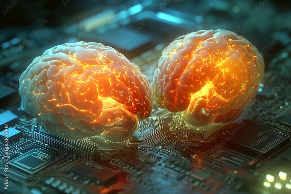 Poster two translucent brain models on circuit board