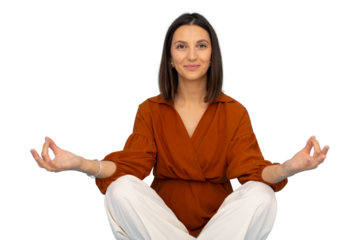 Peaceful professional meditating in lotus pose, achieving mindfulness with calm demeanor against translucent backdrop