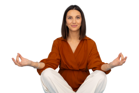 Peaceful professional meditating in lotus pose, achieving mindfulness with calm demeanor against translucent backdrop