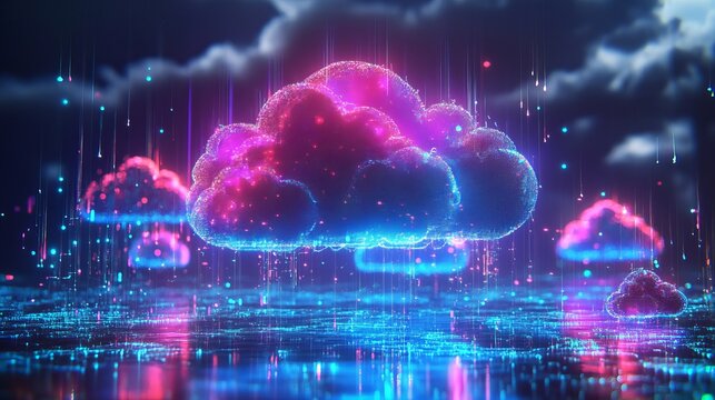 Abstract digital cloud computing network technology data rain web neon pink blue cyber light future