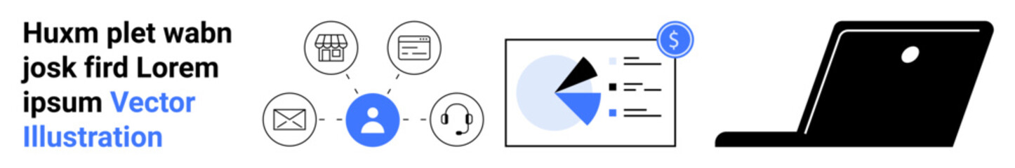 Network of communication icons, circular connections, and data analytics pie chart beside outlined laptop. Ideal for collaboration, analytics, technology, business tools, communication, education