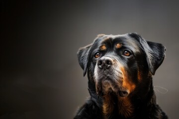 Fototapeta premium Dignified senior Rottweiler portrait, soft lighting, emotional pet photography, subtle noise, a noble pose.