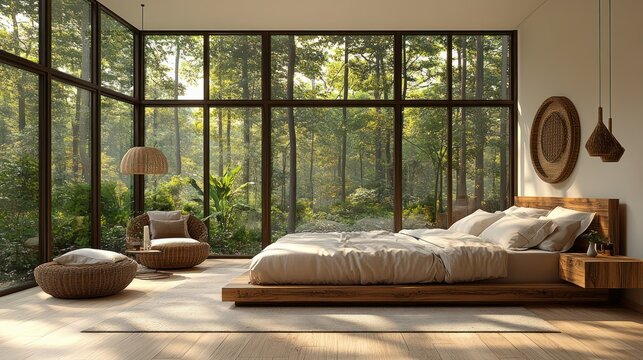 Modern Zen bedroom with forest views