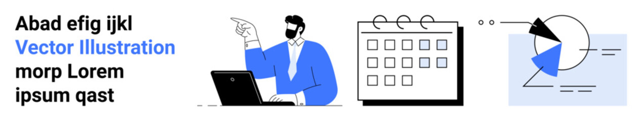 Businessman pointing while using a laptop, calendar with marked schedules, and pie chart visualization. Ideal for business planning, data analysis, project management, scheduling, corporate strategy