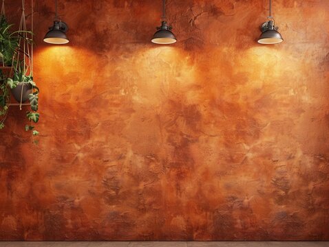 Textured terracotta wall bathed in subtle light from three lamps, architectural photography, professional shot.