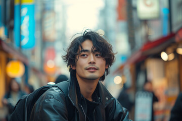 BUSTLING trendy and fashionable young Japanese man effortlessly glides through bustling city streets, embracing urban exploration on his sleek bicycle