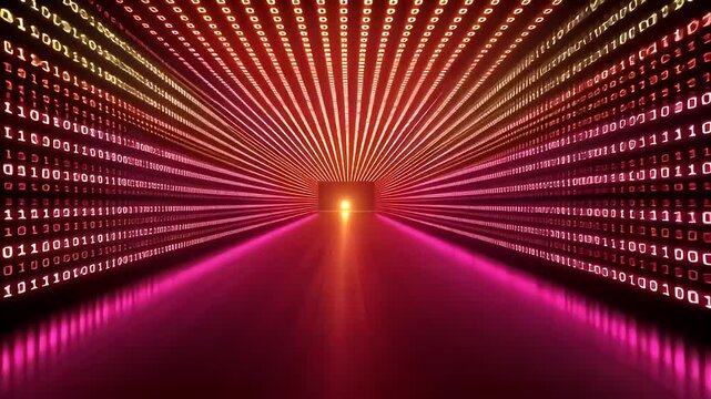 Digital Tunnel of Binary Code Data with Red And Orange Glowing Light and Reflective Floor
