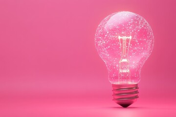 Glowing Lightbulb with Sparkling Particles on Pink Background