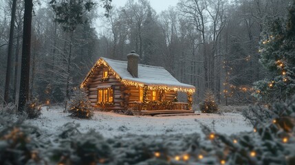 Cozy log cabin in snowy forest at twilight, adorned with Christmas lights