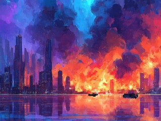 Fototapeta premium Vibrant cityscape engulfed in fiery blaze, reflected in water.