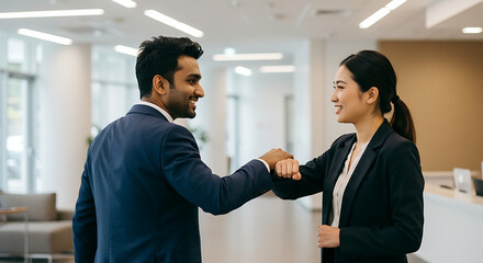 Business Colleagues Elbow Bumping in Modern Office