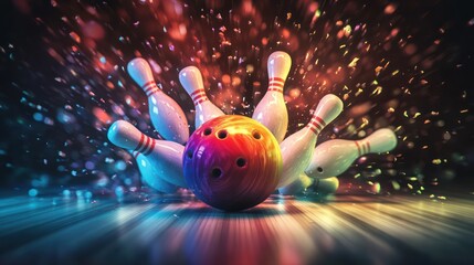 Vivid Bowling Strike with Dynamic Lights and Motion Blurs Capturing Intensity