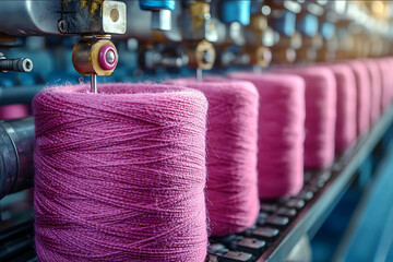 Colorful Spools of Yarn on Industrial Spinning Machine in Textile Factory Setting with Focus on Pink Thread