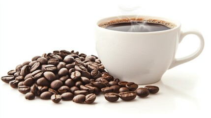Fototapeta premium Coffee beans forming a heart shape next to a steaming cup of coffee, isolated on white generative ai