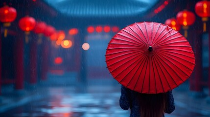 Red Umbrella in Traditional Chinese Architectural Setting with Lanterns