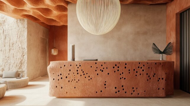 Modern terracotta reception lobby with textured design for hospitality use