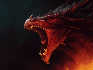 Fierce, red dragon's head in a dramatic roar.