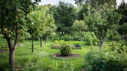 Obraz premium Lush urban food forest park with fruit trees, berry bushes, and herb gardens amidst educational spaces for sustainable practices.