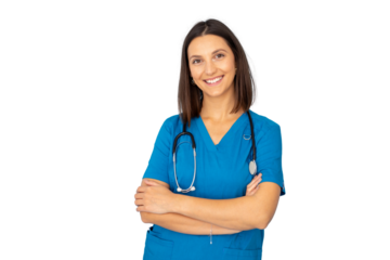 Confident medical professional in blue scrubs and stethoscope, standing with crossed arms against white backdrop