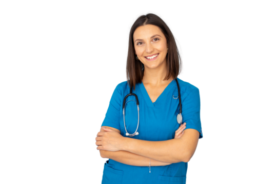 Confident medical professional in blue scrubs and stethoscope, standing with crossed arms against white backdrop