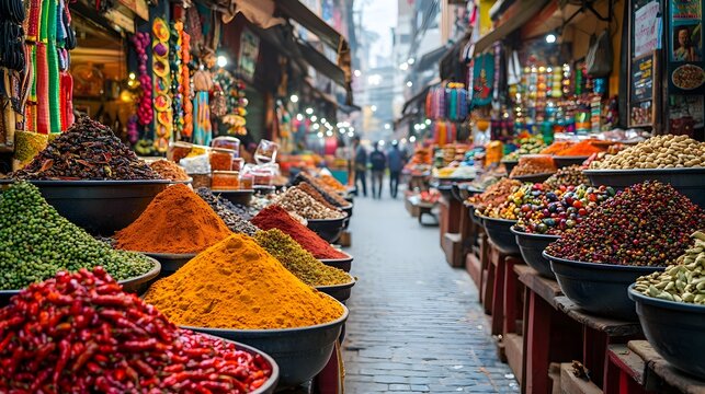 Vibrant Bustling Mumbai Street Market with Colorful Spices Textiles and Fresh Produce on Display