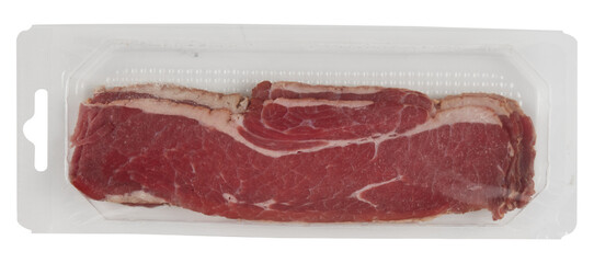 Fresh sliced ​​beef stacked on a clear plastic tray cut out isolated transparent background