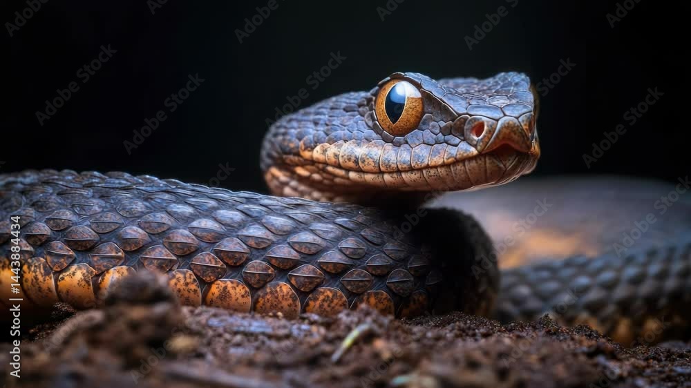 Poster close-up shot of a snake on a dirt ground, suitable for use in wildlife or nature related projects
