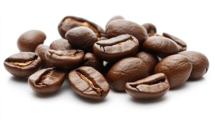 Obraz premium Coffee beans scattered on a white background, minimal studio lighting generative ai