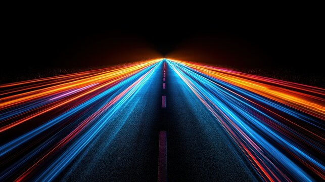 Night road with vibrant light streaks